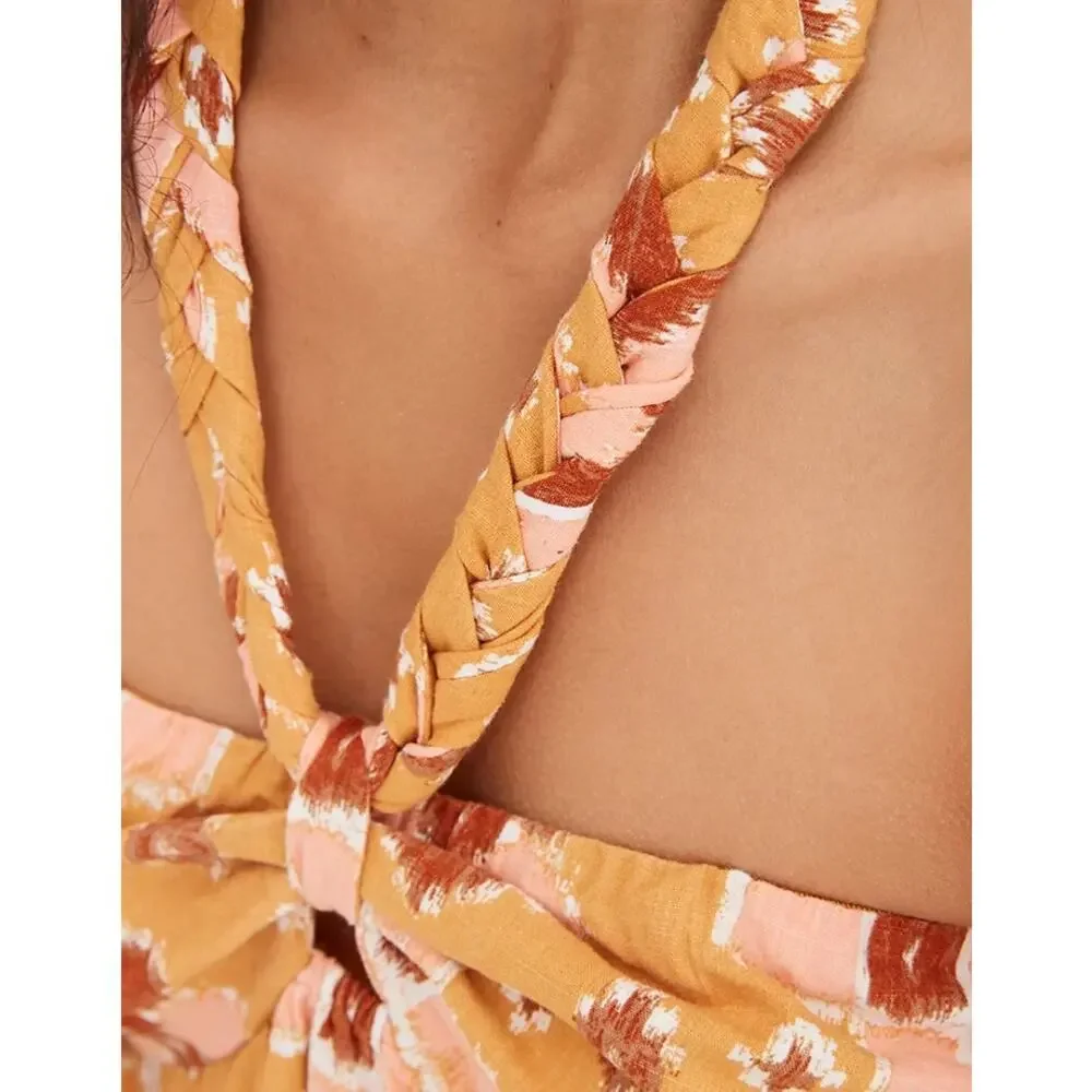 NWT Aerie High Low Halter Maxi Sundress Mustard Yellow Batik Linen Size XL - Picture 4 of 5